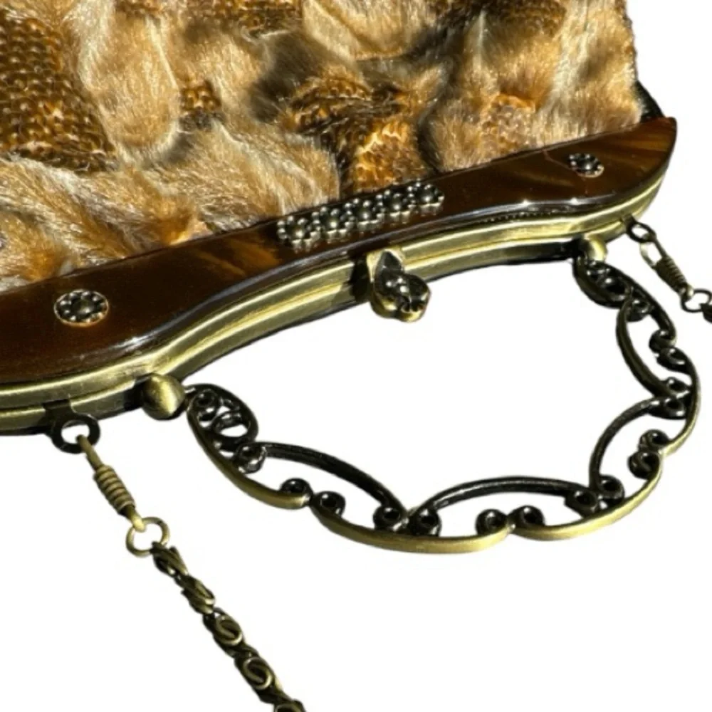 IN's Faux Fur Leather Sequins Tortoise Shell Clutch Gold Tone